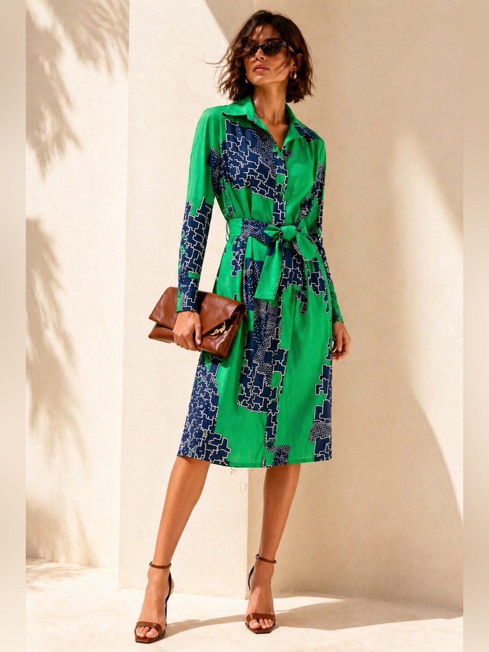 Rare 70s Lanvin Geometric Cotton Midi Shirt Dress Belted Sz 12